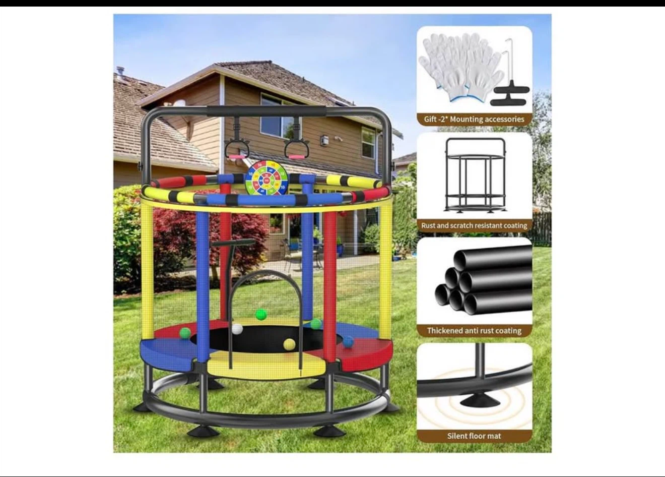 Kids Trampoline with Safety Net and Gymnastics Bar - photo 5