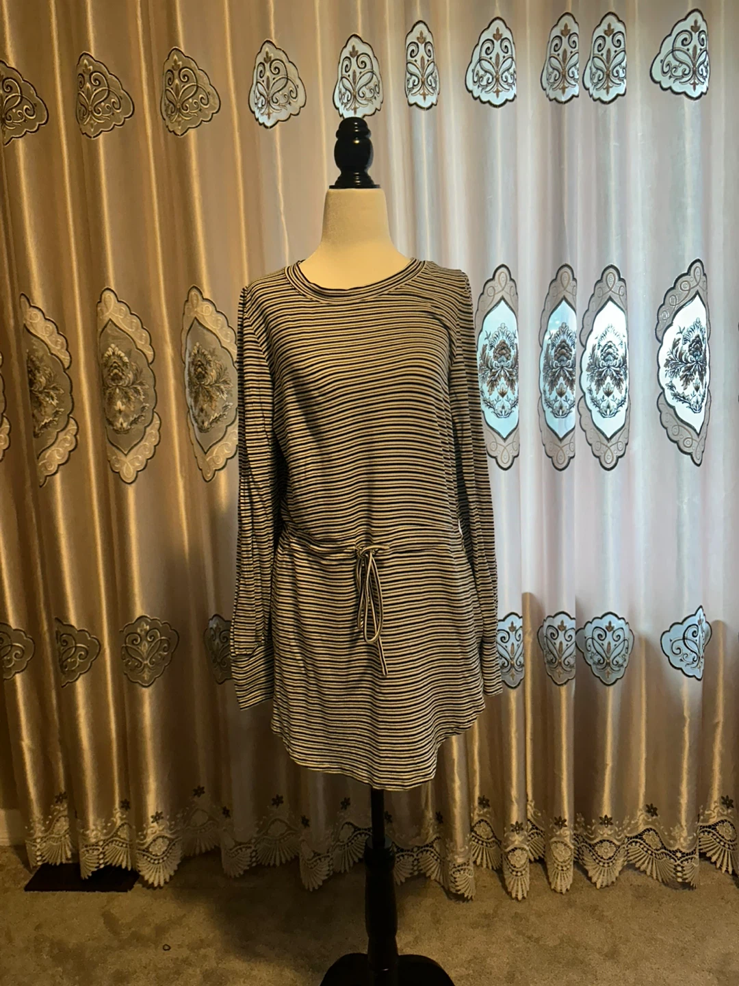 Striped long sleeve tunic with drawstring waist