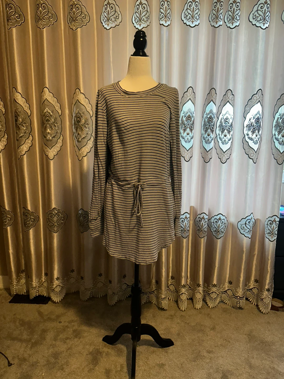Striped long sleeve tunic with drawstring waist - photo 2