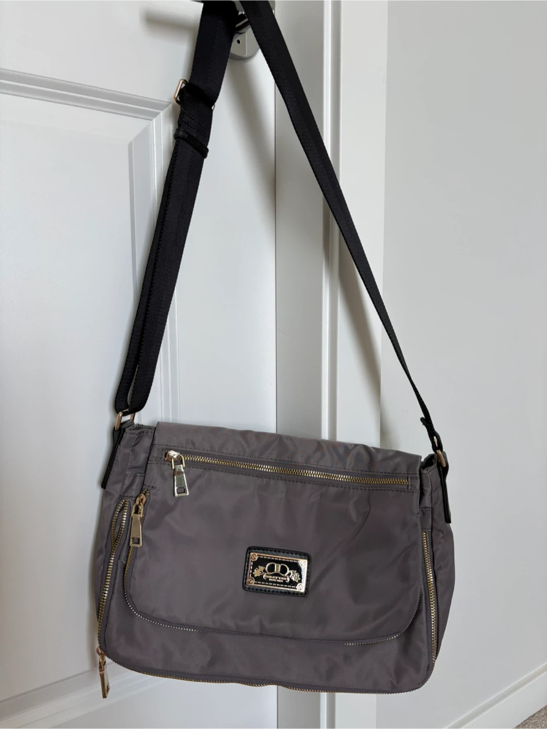 Grey Crossbody Bag with Gold Accents