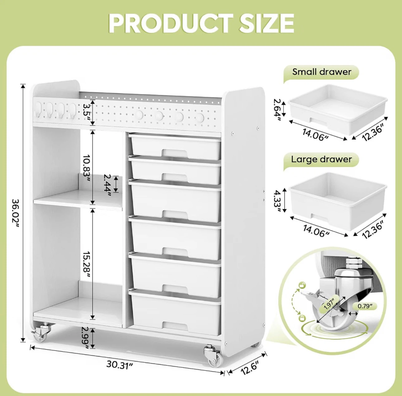 GREEN Rolling Storage Cart with Top Pegboard and 6 Drawers - photo 3