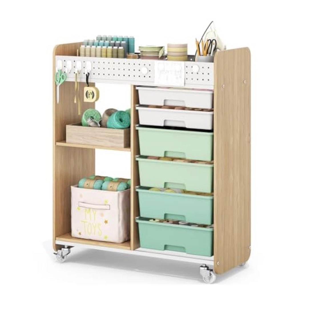 GREEN Rolling Storage Cart with Top Pegboard and 6 Drawers