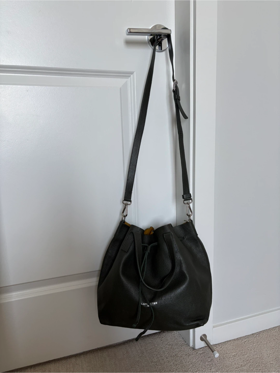 Lancaster Paris Green Leather Drawstring Tote Bag with Pouch