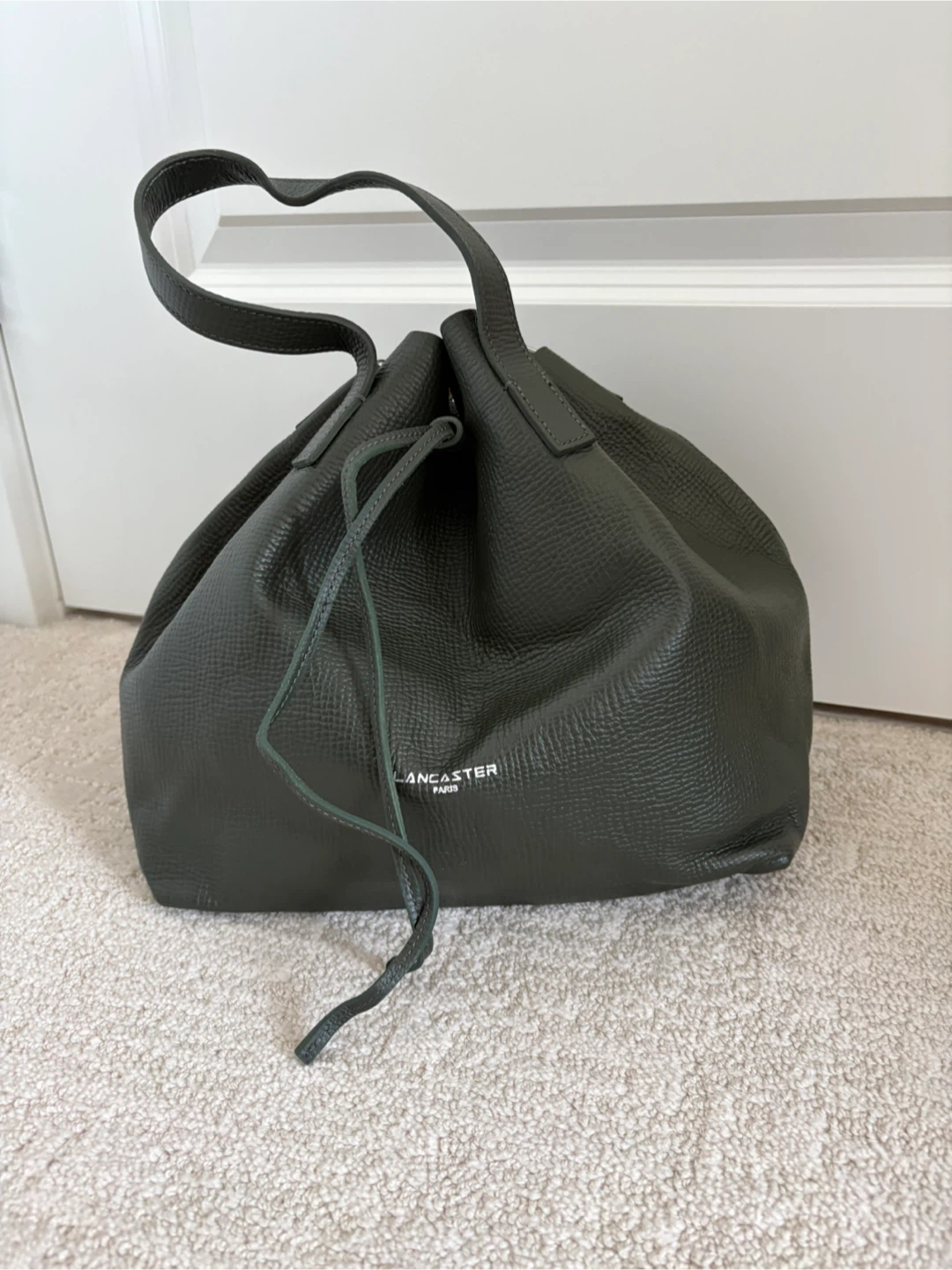 Lancaster Paris Green Leather Drawstring Tote Bag with Pouch - photo 2