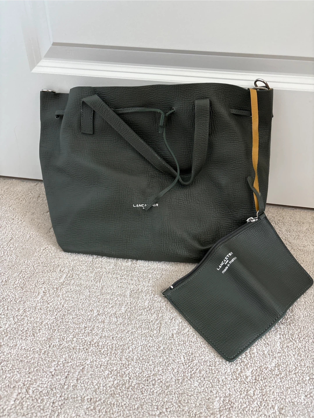 Lancaster Paris Green Leather Drawstring Tote Bag with Pouch - photo 4