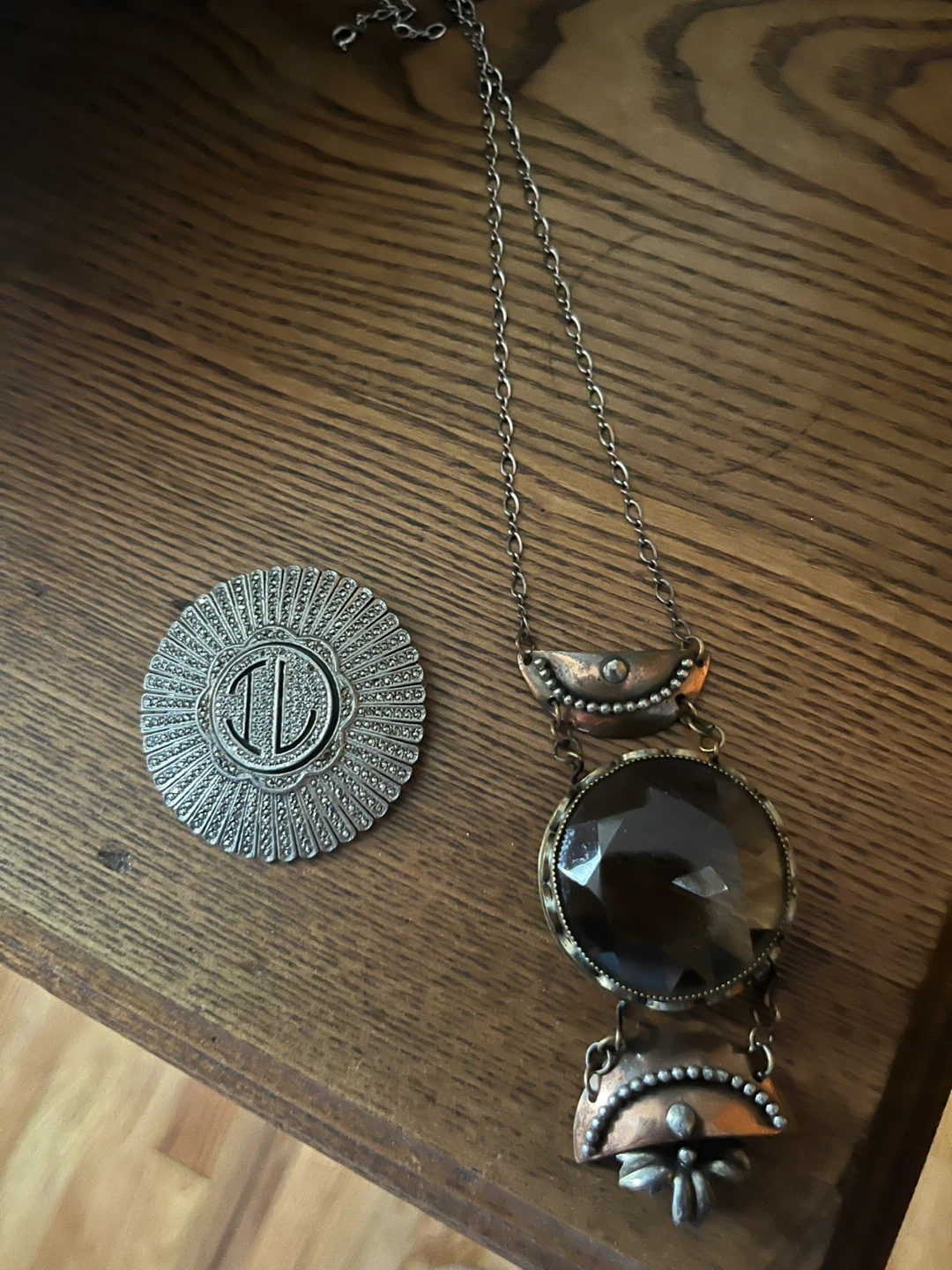 Vintage Silver Tone Brooch and Smoky Quartz Necklace Set