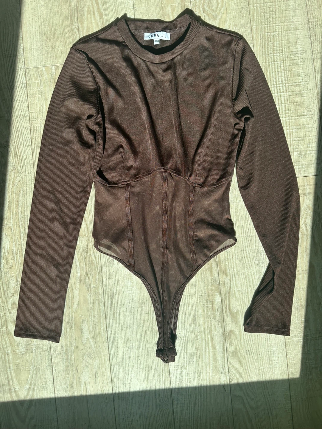 LOVE J. Brown Ribbed Mesh Bodysuit