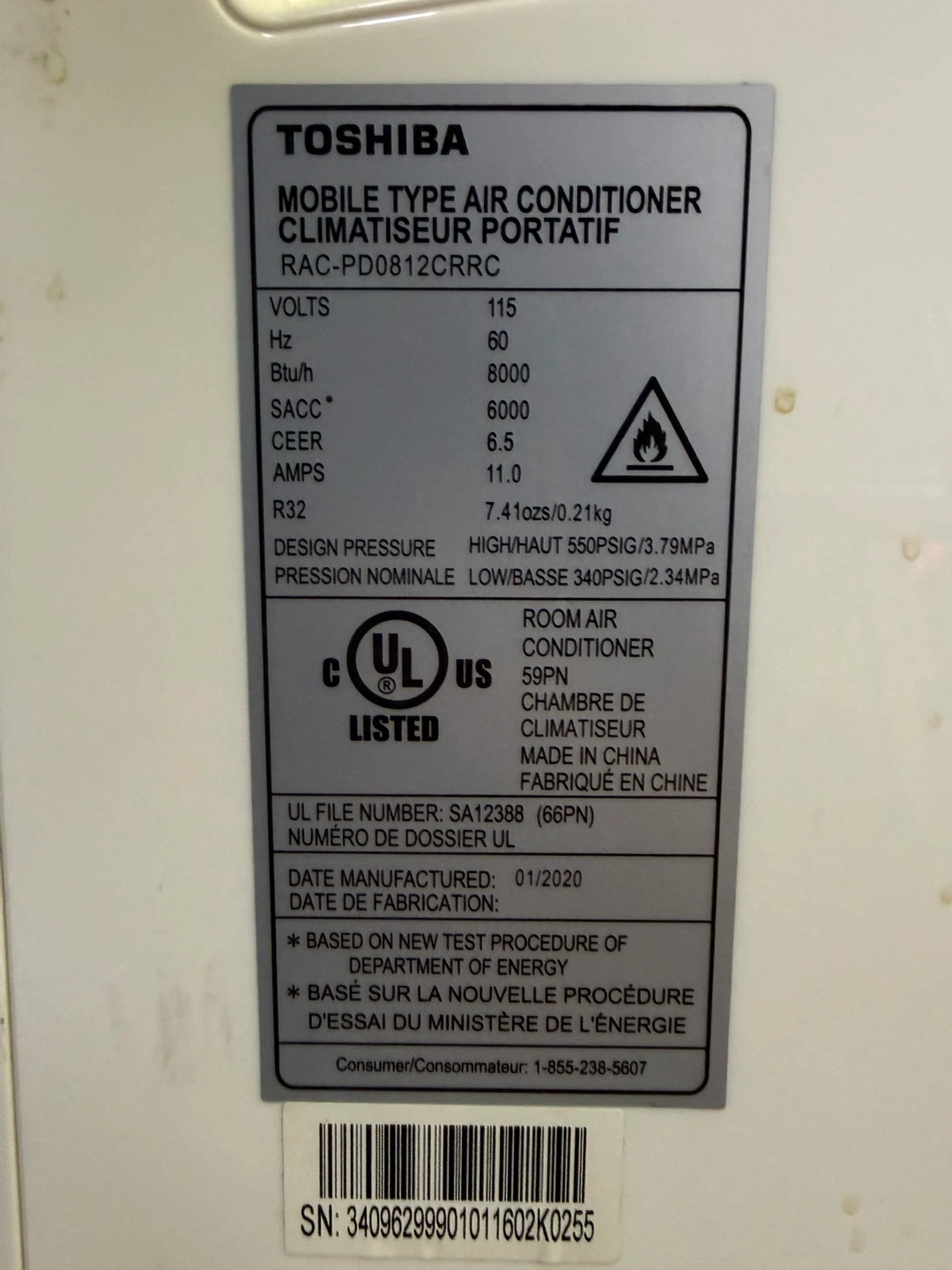 Toshiba Portable Air Conditioner RAC-PD0812CRRC - photo 4