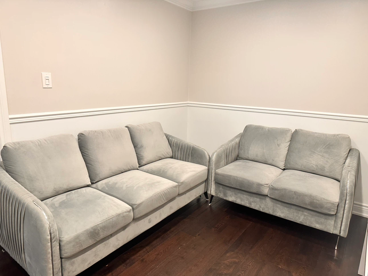 Like New! Modern Light Grey Velvet Sofa & Loveseat Set