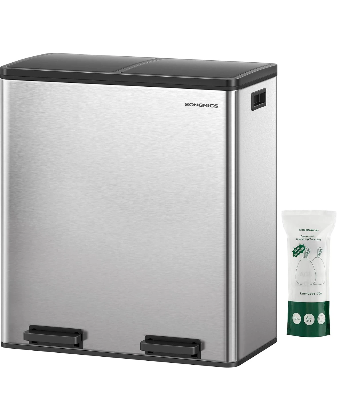 New SONGMICS Stainless Steel 2 Compartment Recycling Trash Can