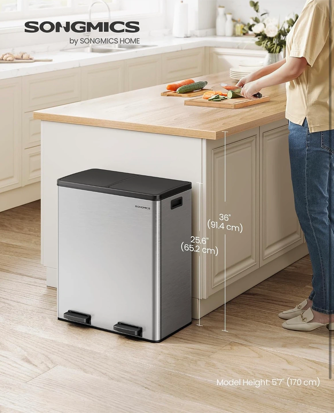 New SONGMICS Stainless Steel 2 Compartment Recycling Trash Can - photo 2