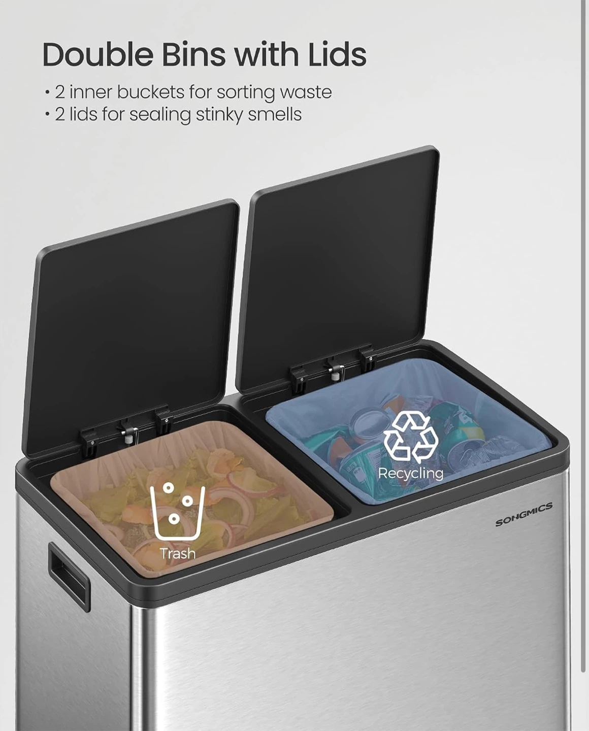 New SONGMICS Stainless Steel 2 Compartment Recycling Trash Can - photo 3