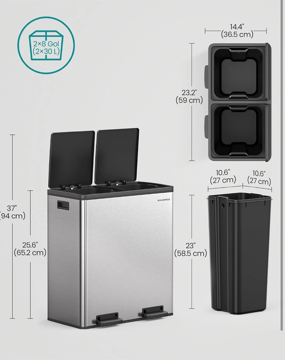 New SONGMICS Stainless Steel 2 Compartment Recycling Trash Can - photo 5