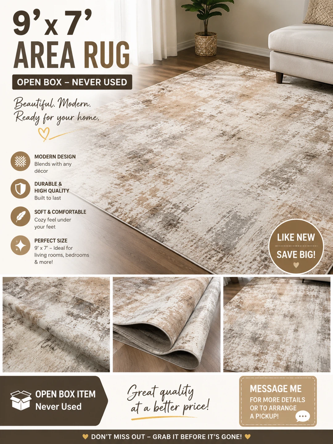 Brand new 9' x 7' Area Rug - Open Box, Never Used