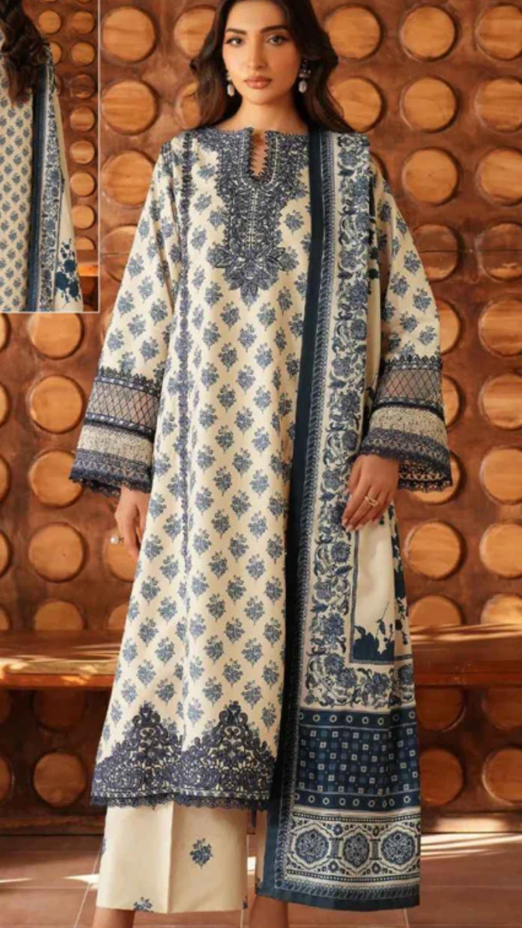 Blue Printed Cotton 3-Piece Suit