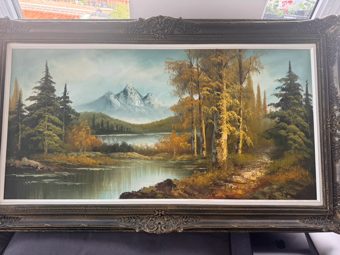 Vintage Landscape Oil Painting - Mountain Lake Scene