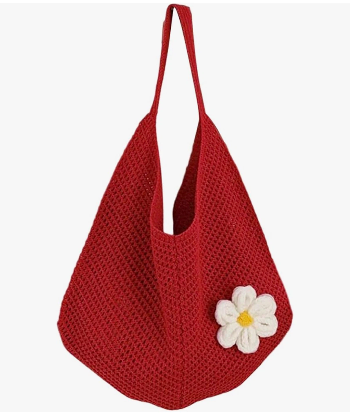 Red Crochet Tote Bag with Flower Detail