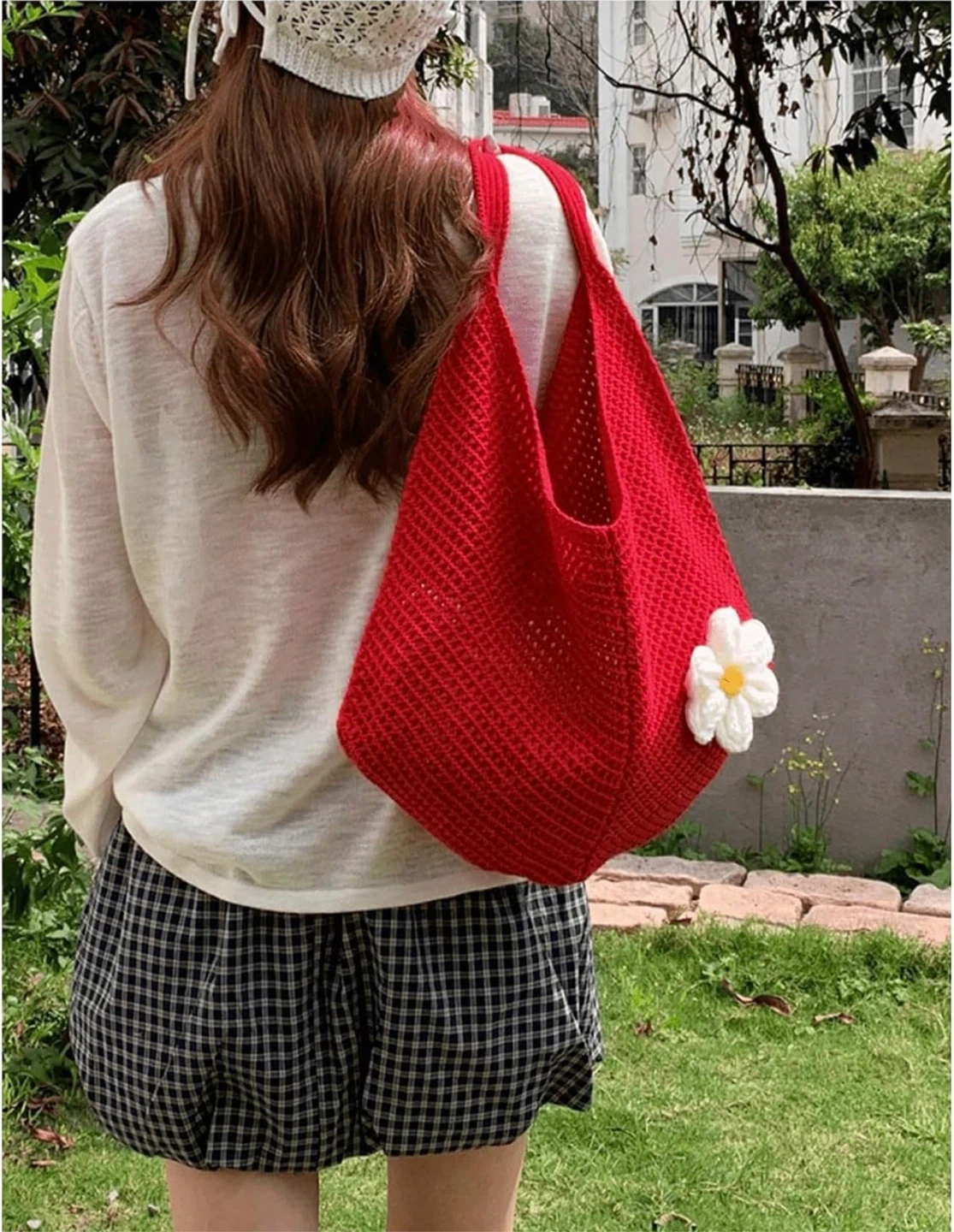 Red Crochet Tote Bag with Flower Detail - photo 2