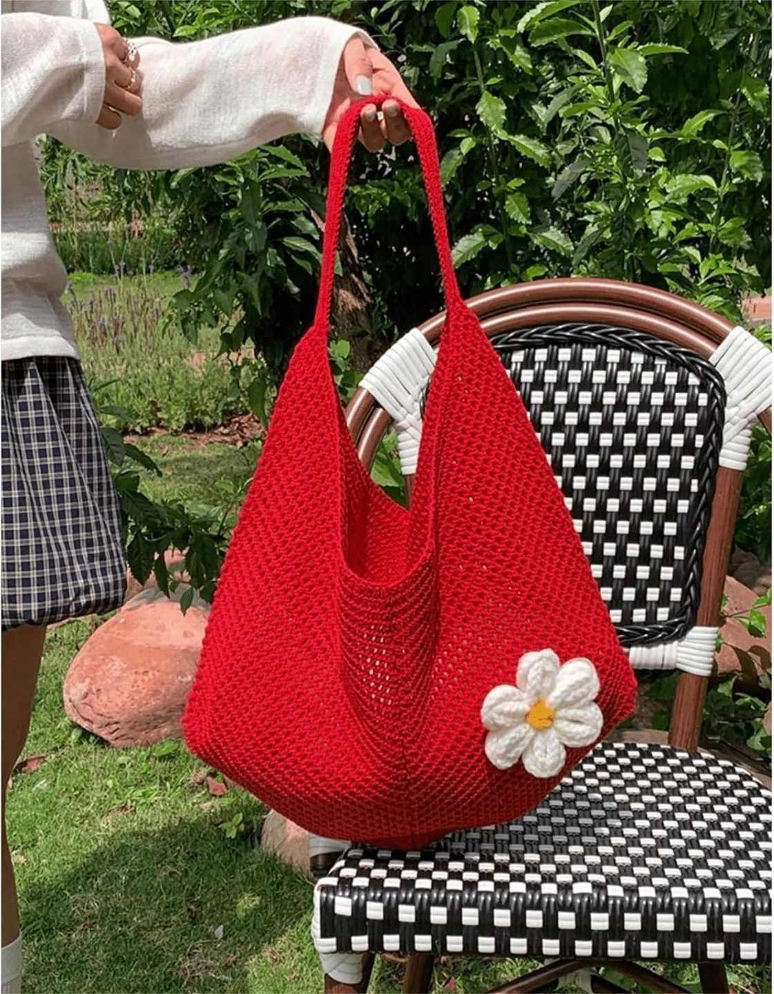 Red Crochet Tote Bag with Flower Detail - photo 5