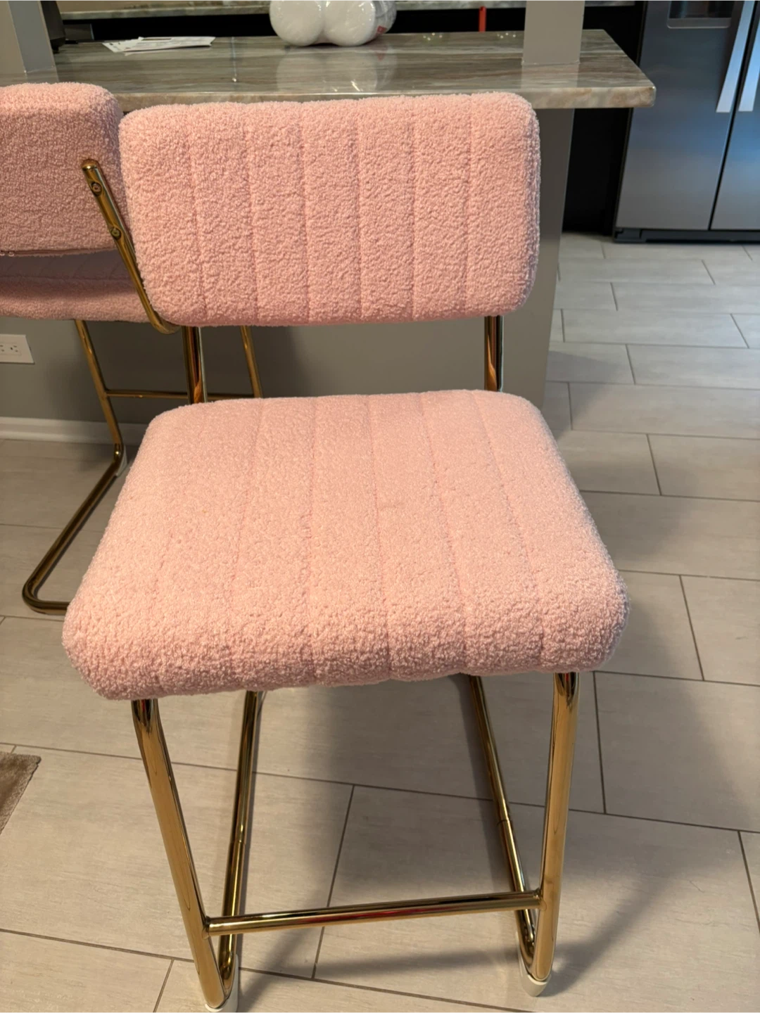 2 Pink Teddy Fabric Bar Stool with Gold Legs