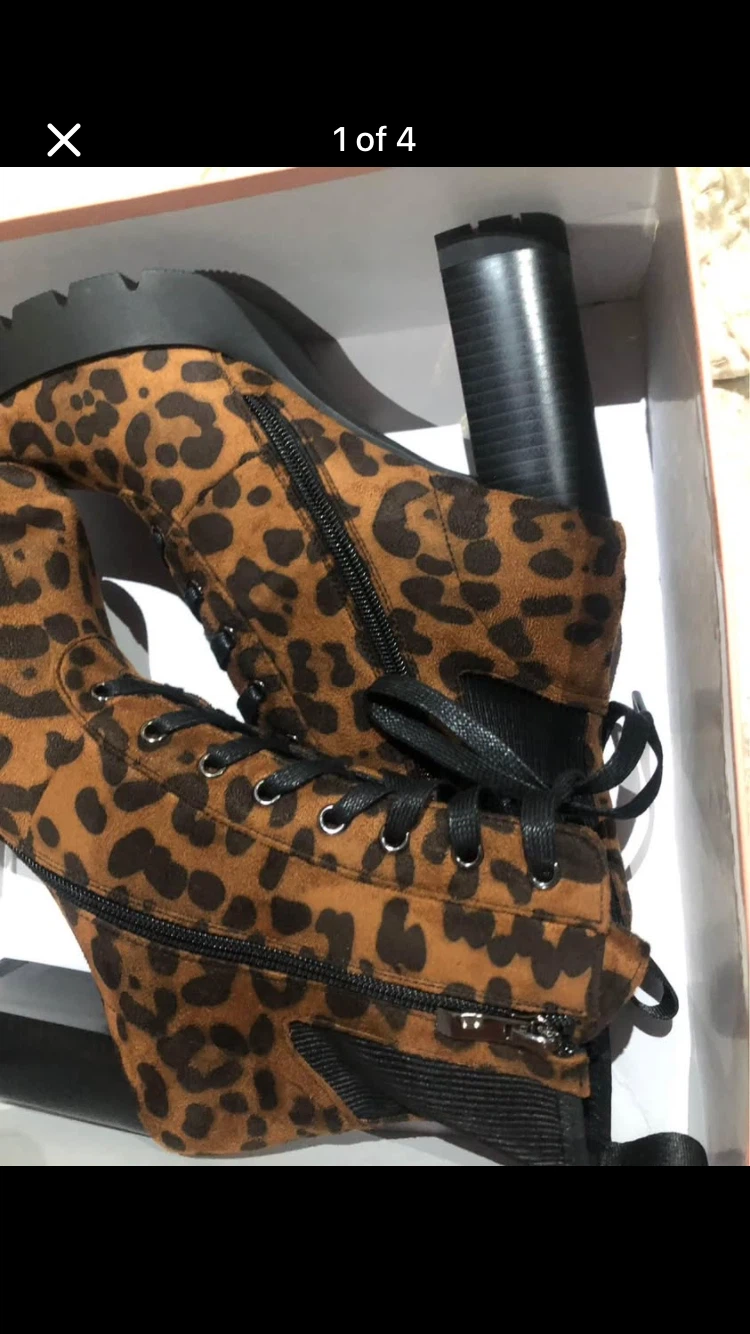 Women's Leopard Print Lace-Up Heeled Boots