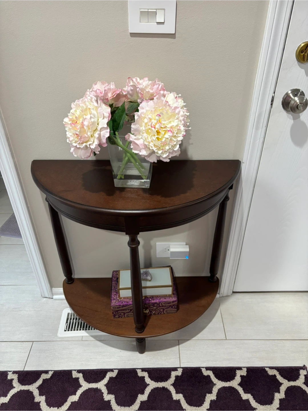 Half-Round Console Table with Faux Peonies