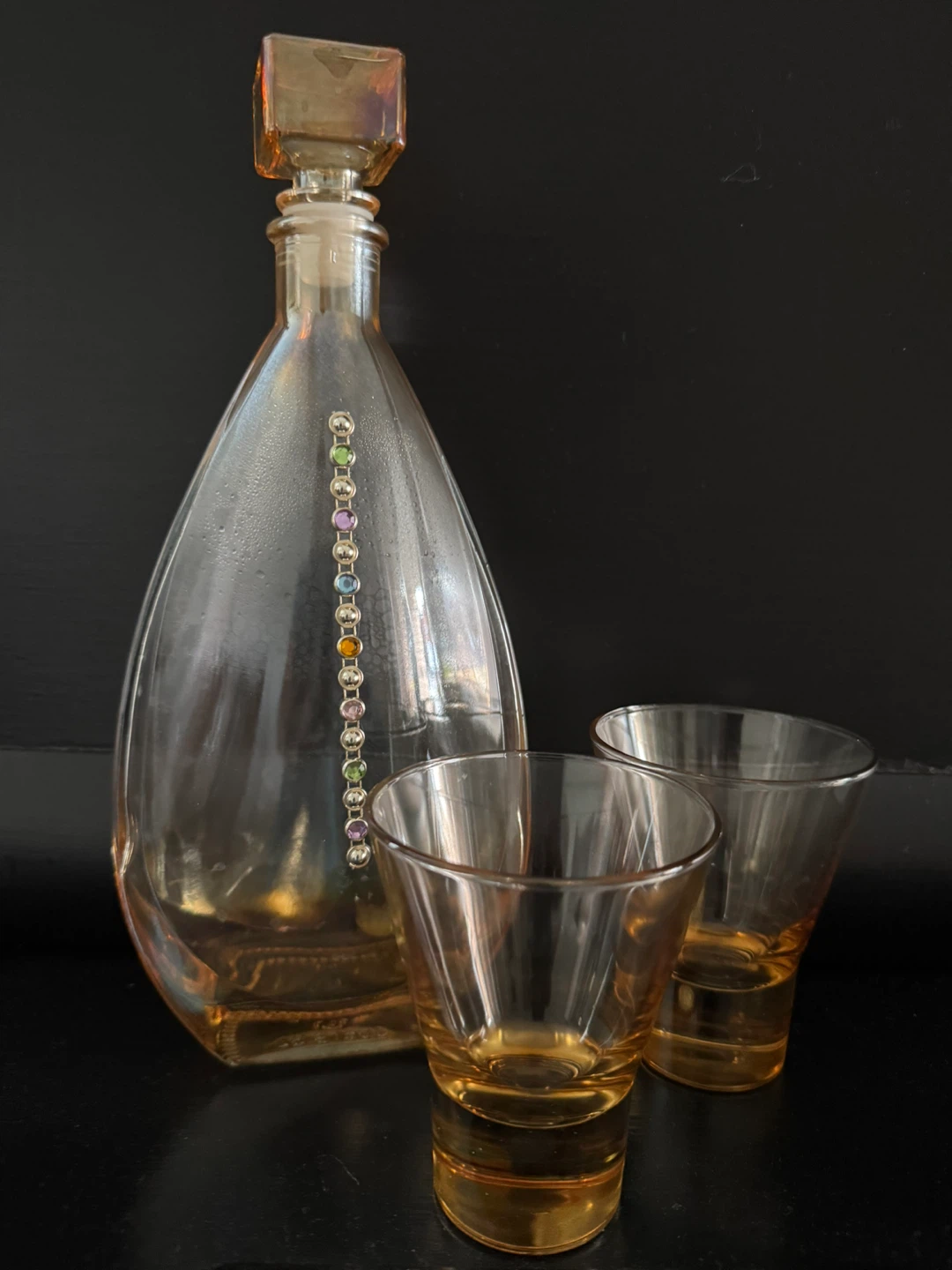 Amber Glass Decanter Set with Jeweled Embellishment