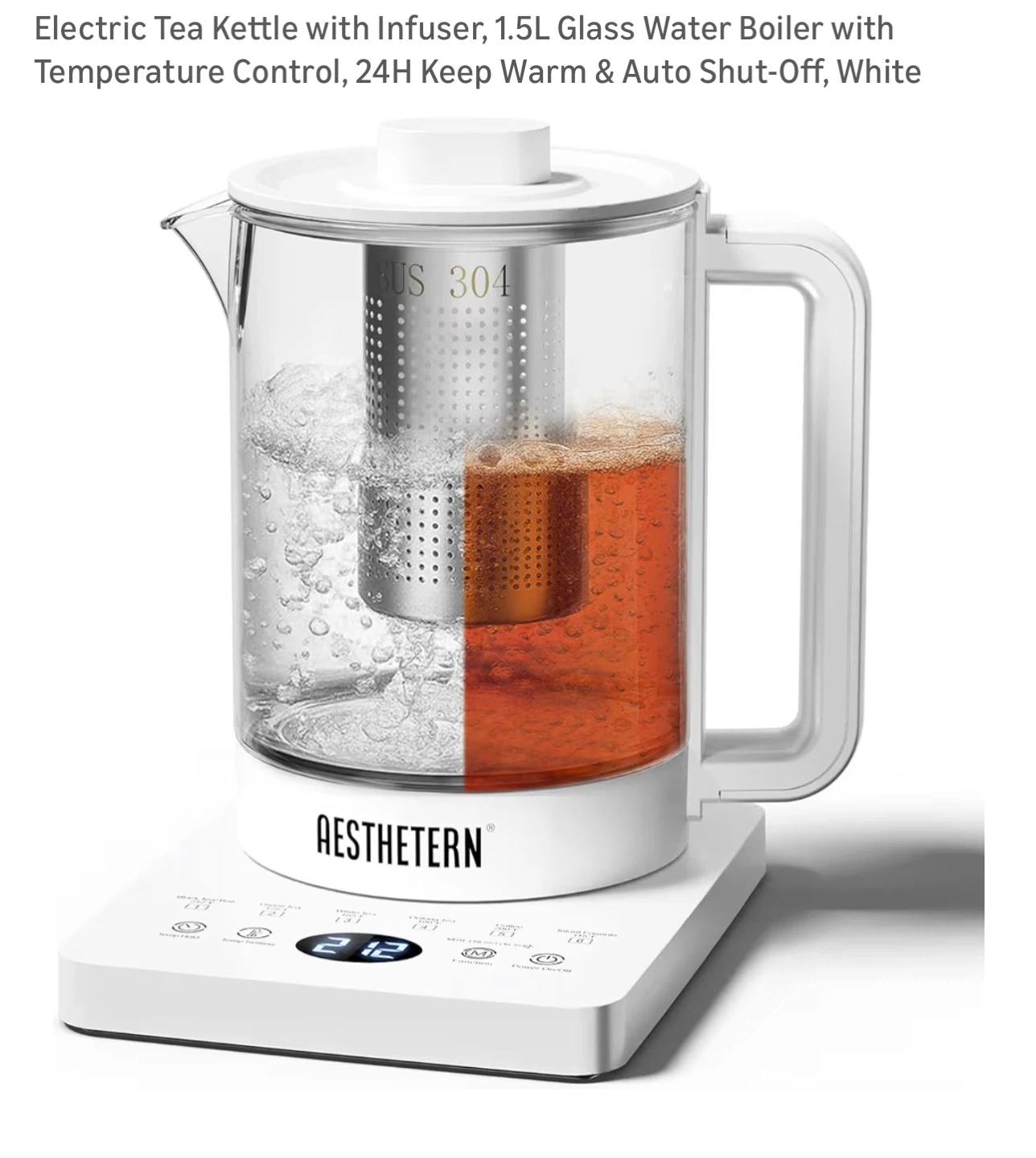 Electric Tea Kettle with Infuser, 1.5L Glass Water Boiler, White