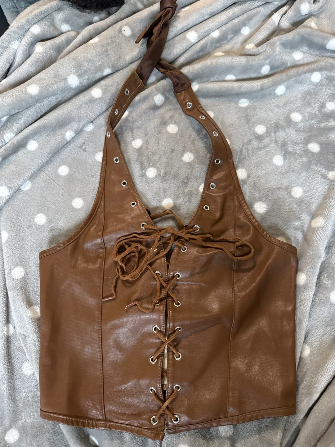 Brown Faux Leather Halter Top