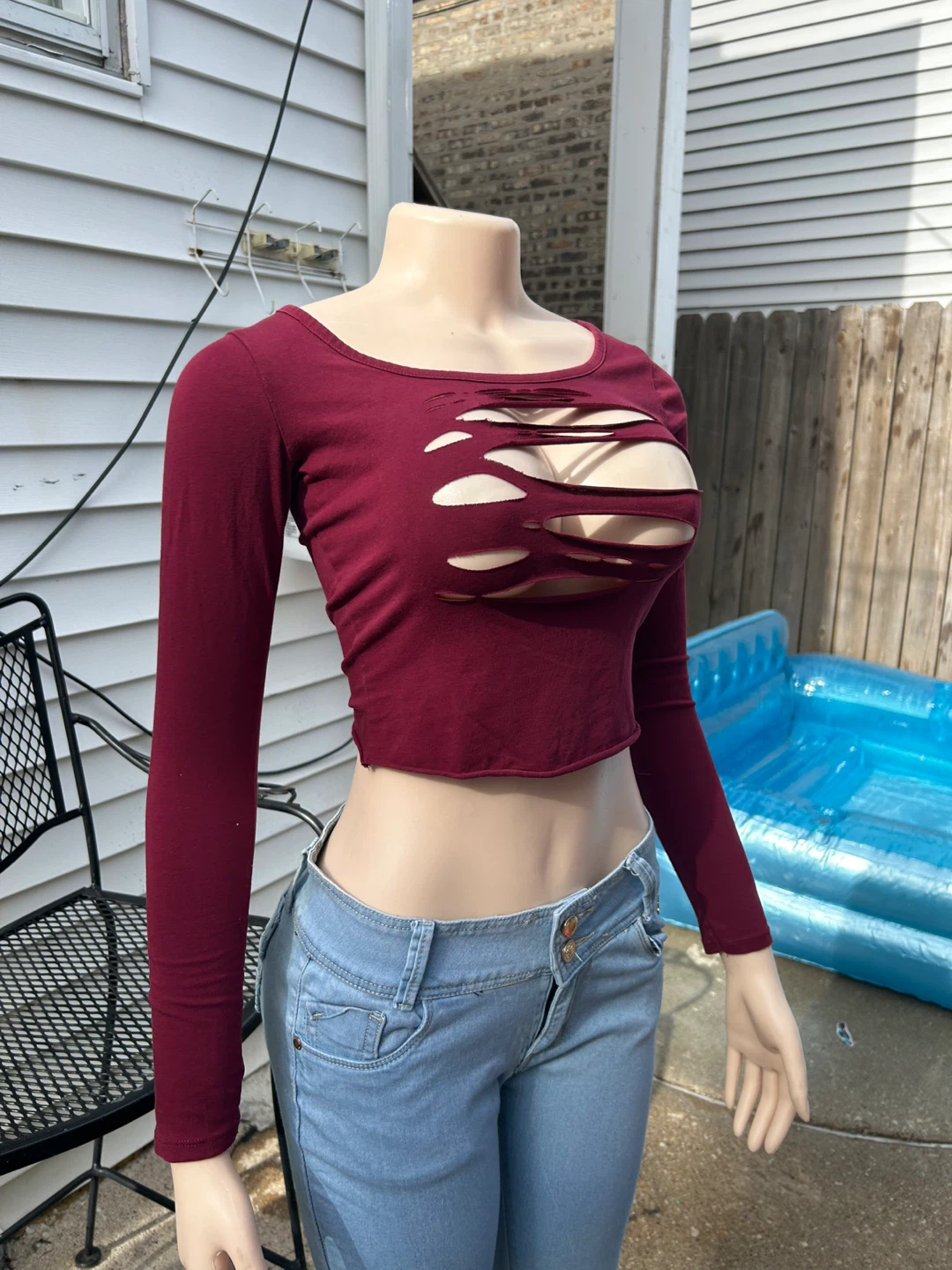 Maroon Long Sleeve Ripped Crop Top