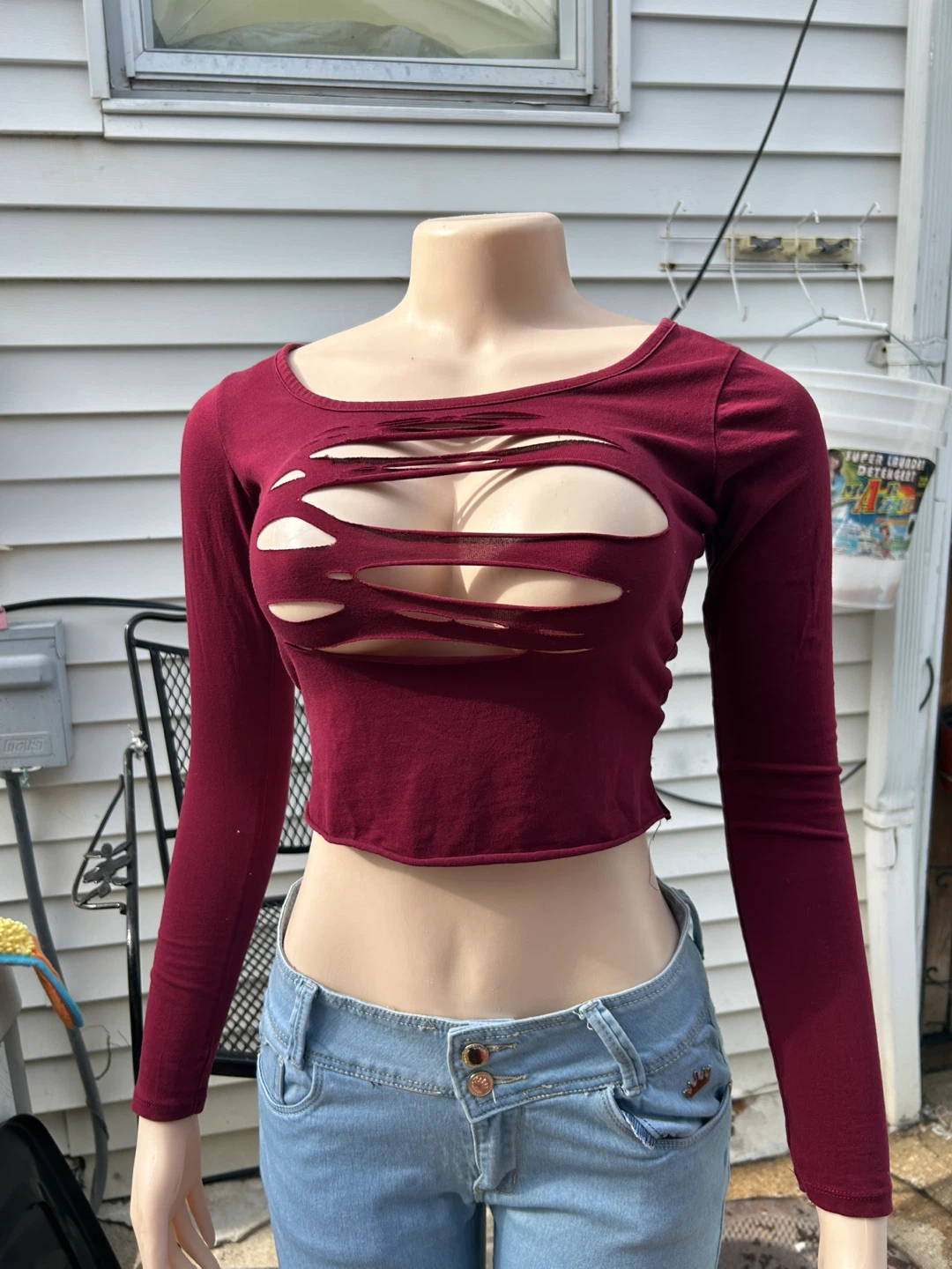 Maroon Long Sleeve Ripped Crop Top - photo 2