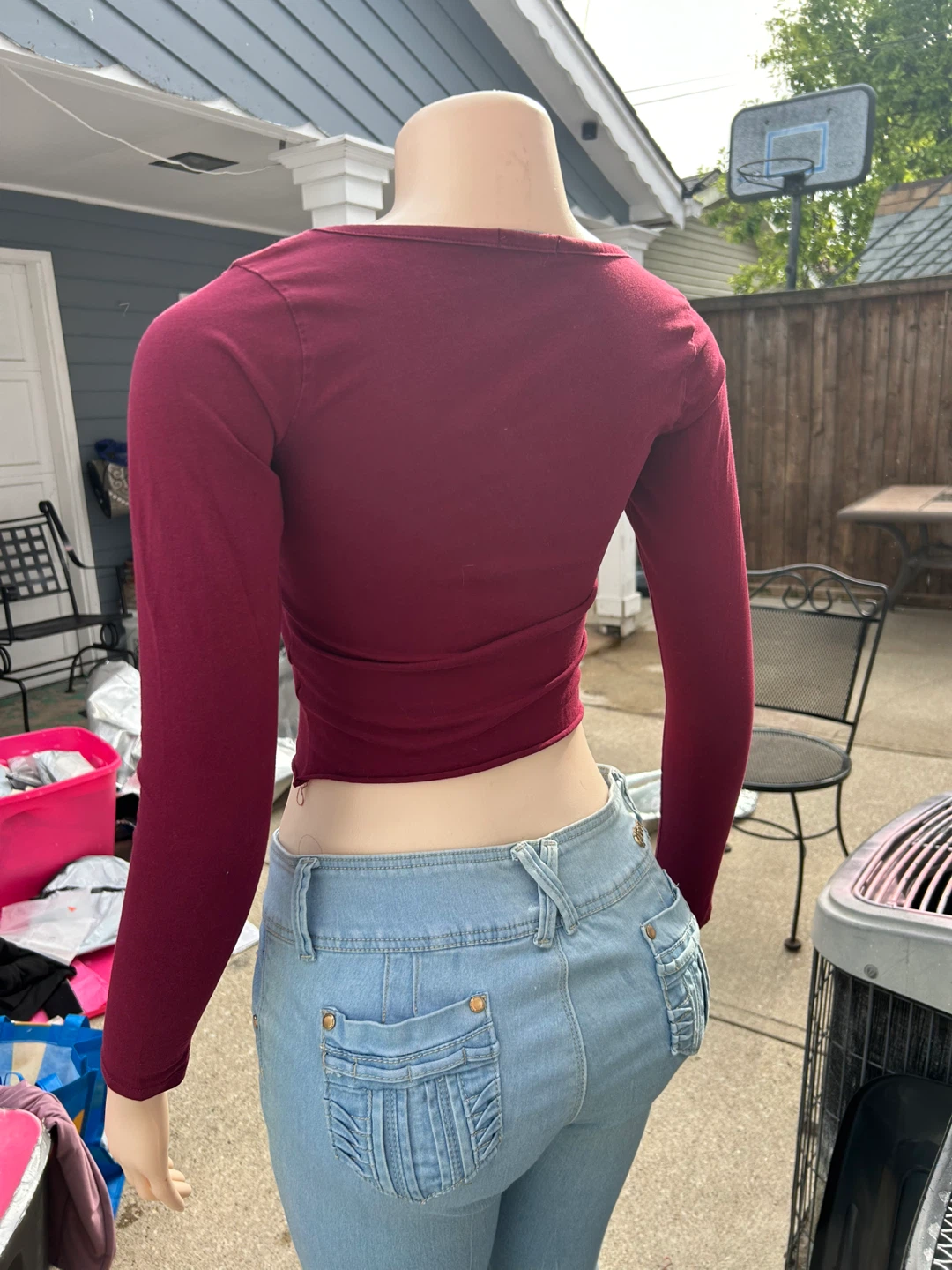 Maroon Long Sleeve Ripped Crop Top - photo 3