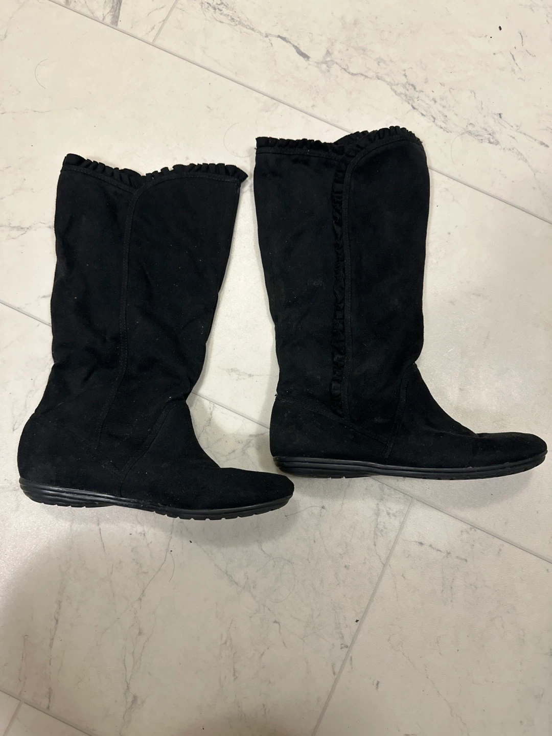 Black Suede-like Boots with Ruffle Detail
