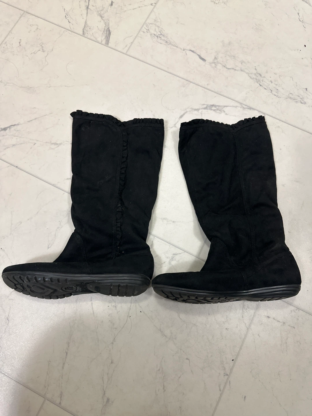 Black Suede-like Boots with Ruffle Detail - photo 2