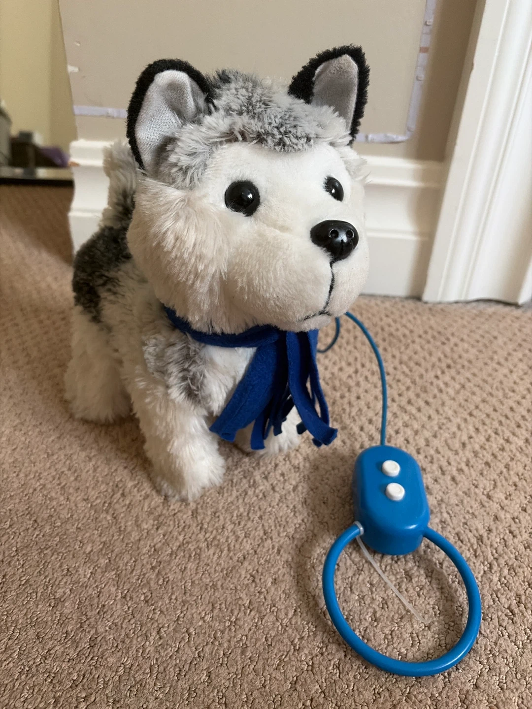 Plush Husky with Blue Scarf and Toy Claw
