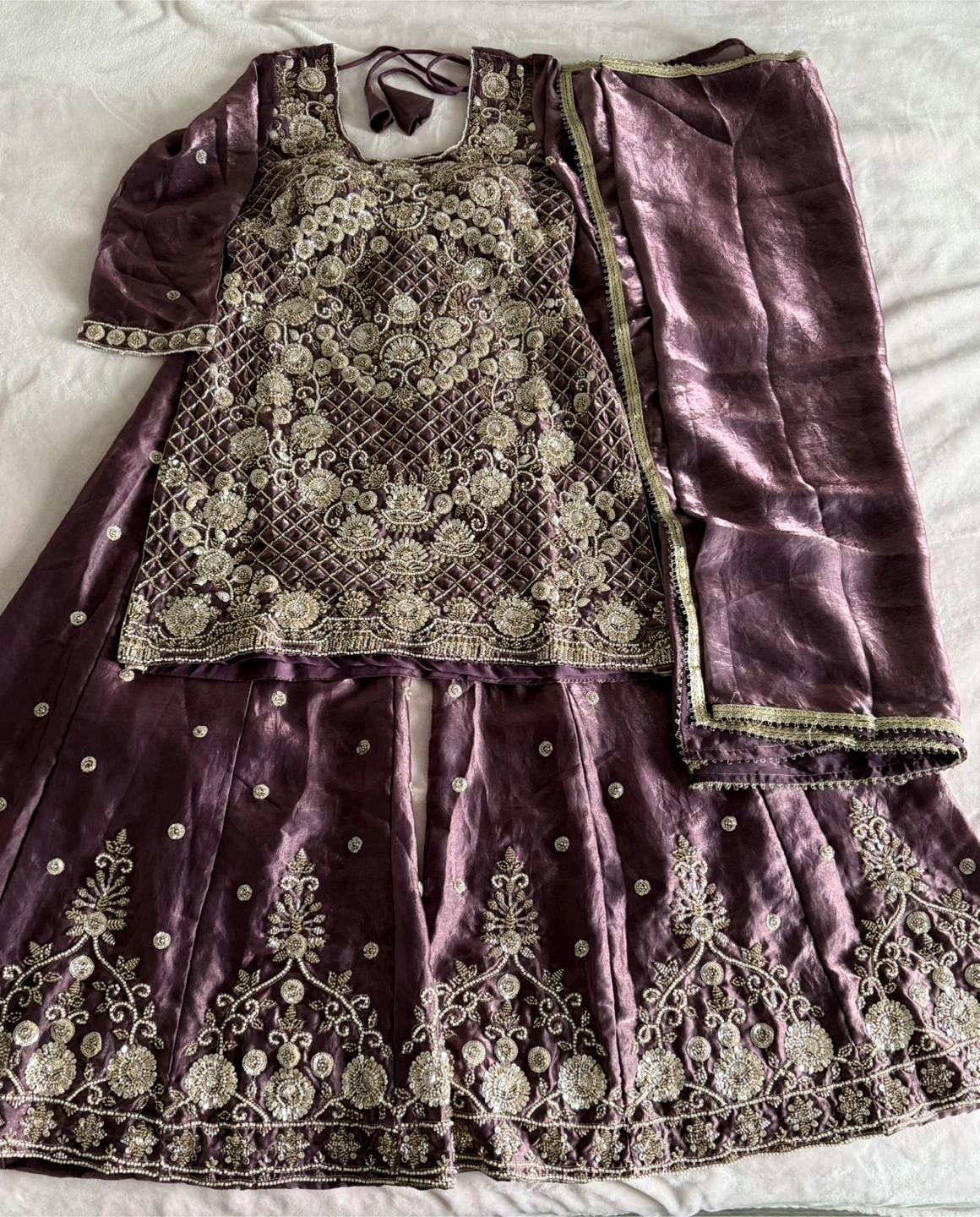 Purple Embellished Kurti with Pants and Dupatta