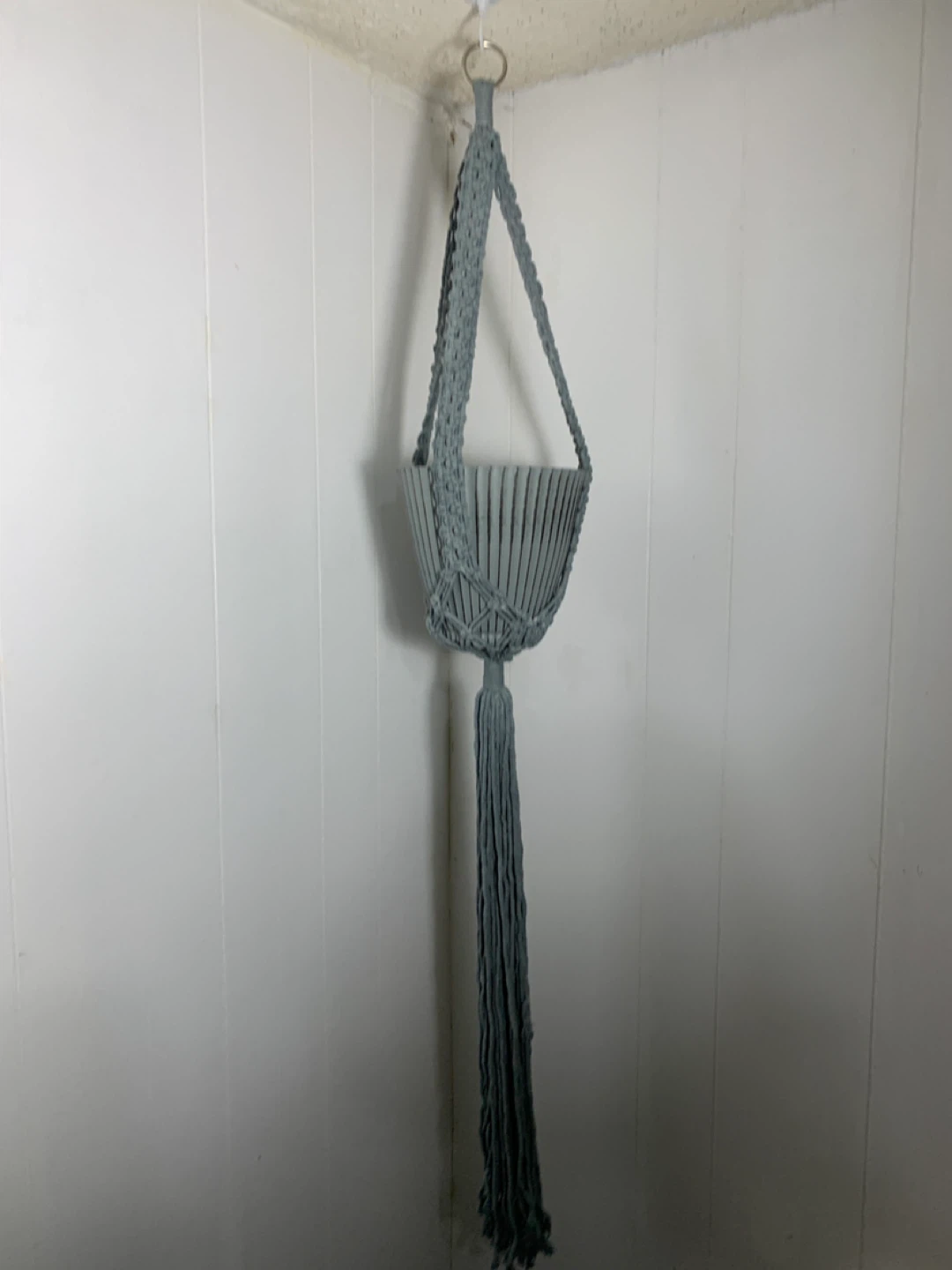 Gray Macrame Plant Hanger with Gray Pot. NEW.