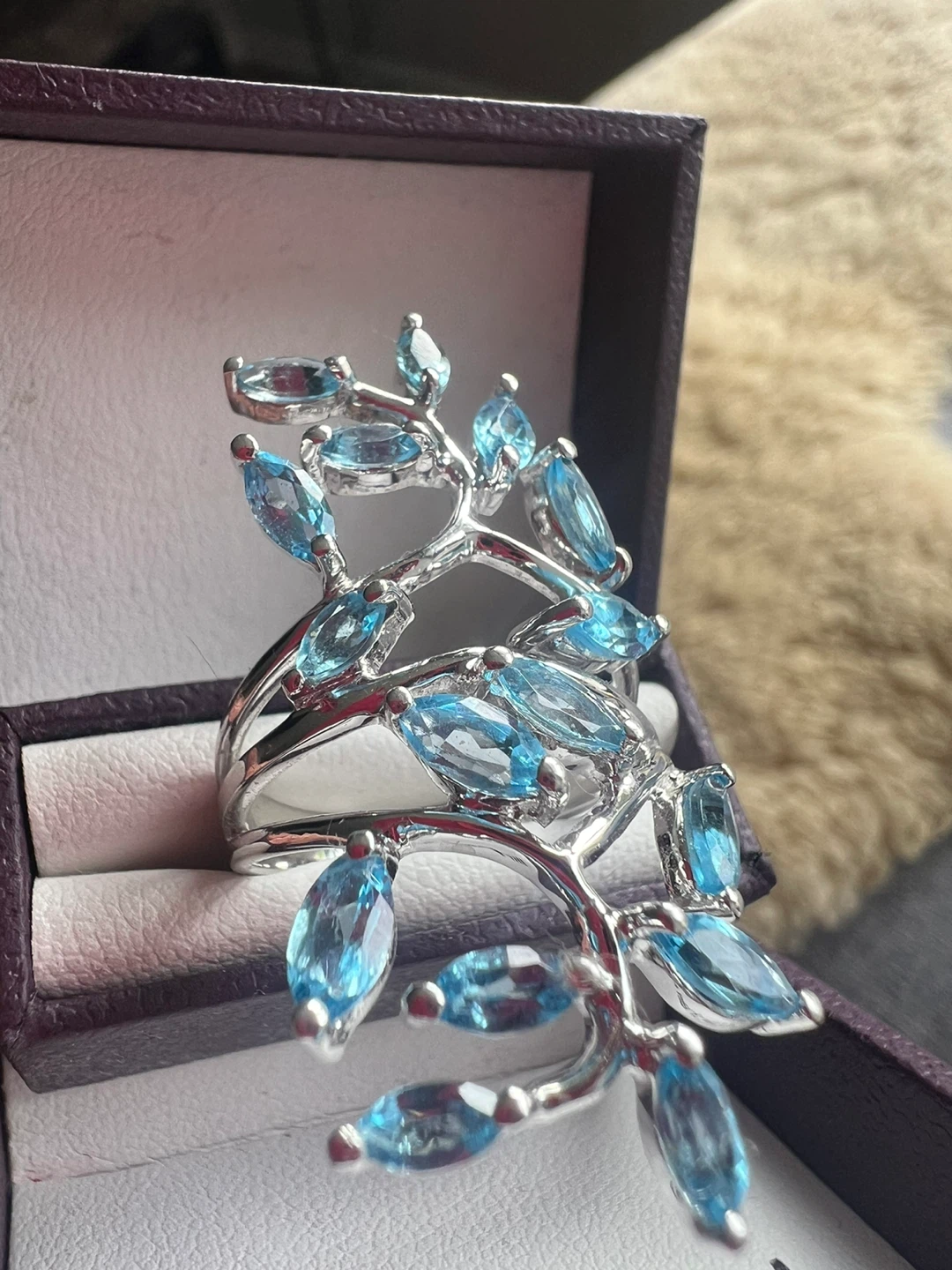 925 silver and Blue Topaz Leaf Statement Ring