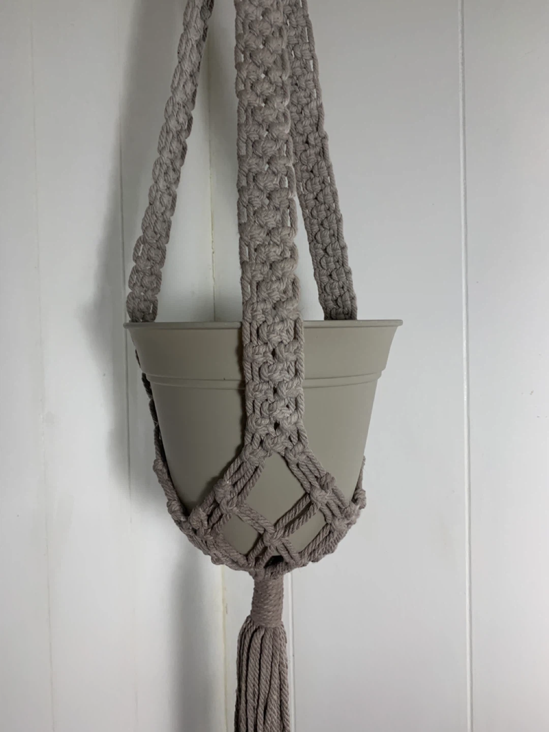 Taupe Macrame Plant Hanger with Taupe Pot. NEW. - photo 2