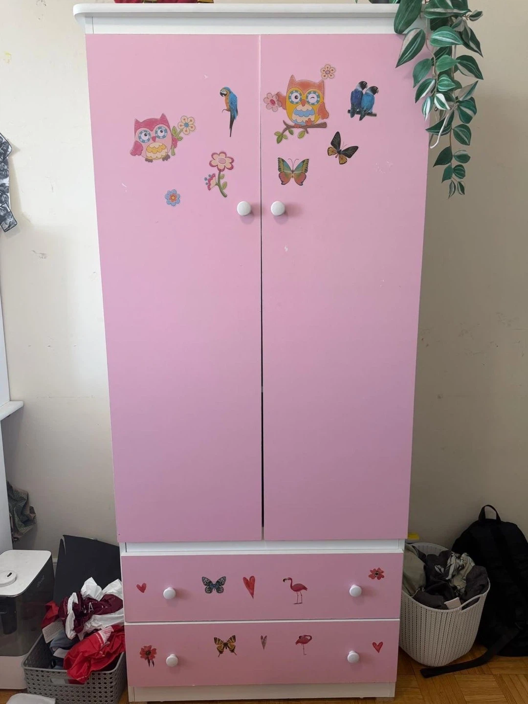 Pink Kids Wardrobe with Owl and Butterfly Decals