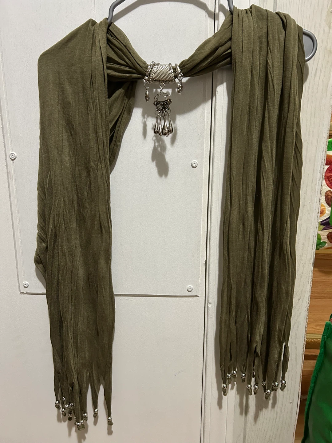 Olive Green Scarf with Silver Tassel Clasp