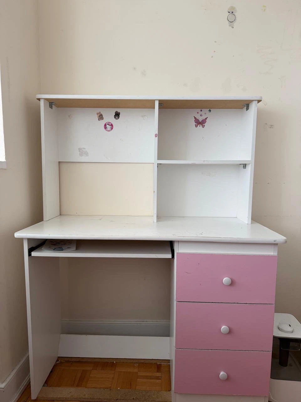 Kids' White Desk with Pink Drawers and Hutch