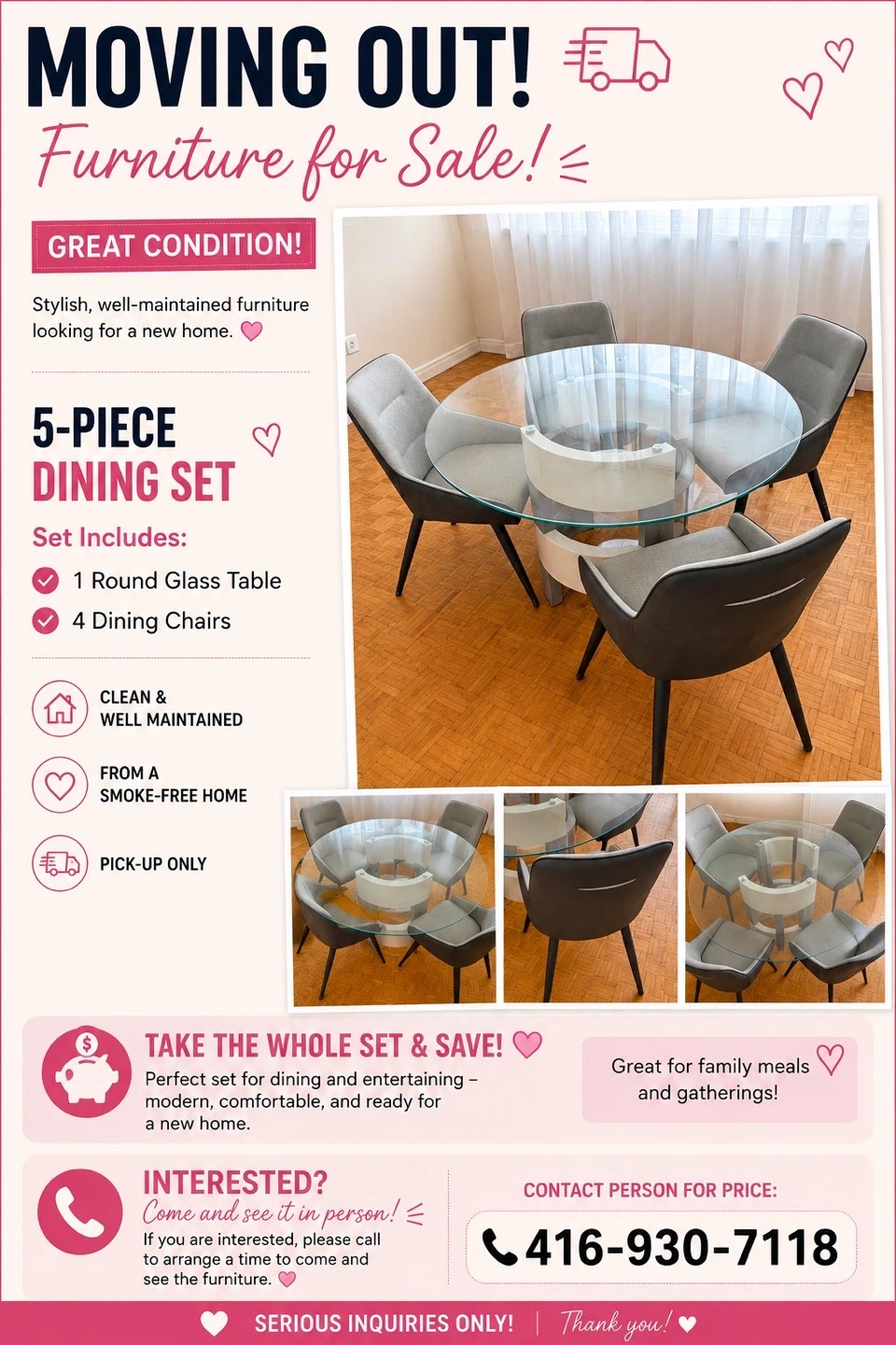 Ashley 5-Piece Dining Set - Round Glass Table & 4 Chairs - photo 2