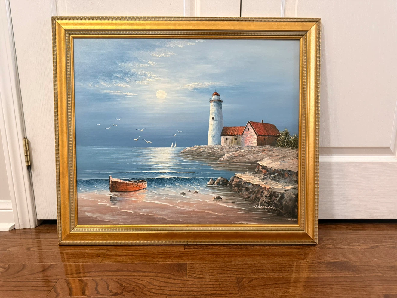 Framed Lighthouse Seascape Oil Painting by William Sherman