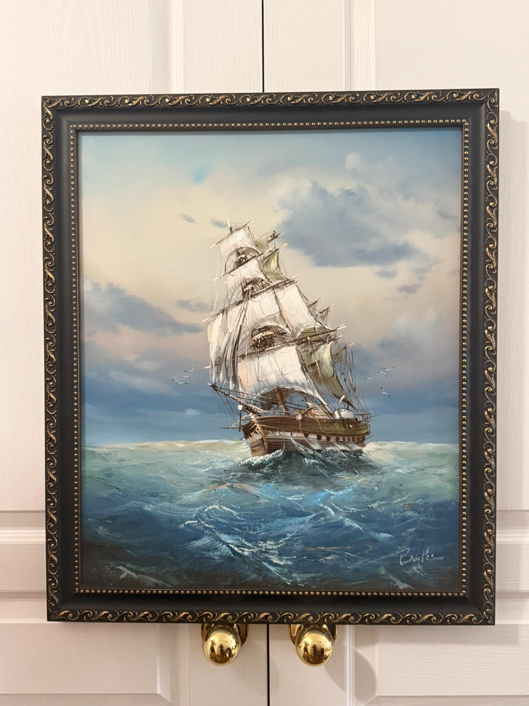 Oil Painting of a Ship at Sea, Framed by Bail Huge