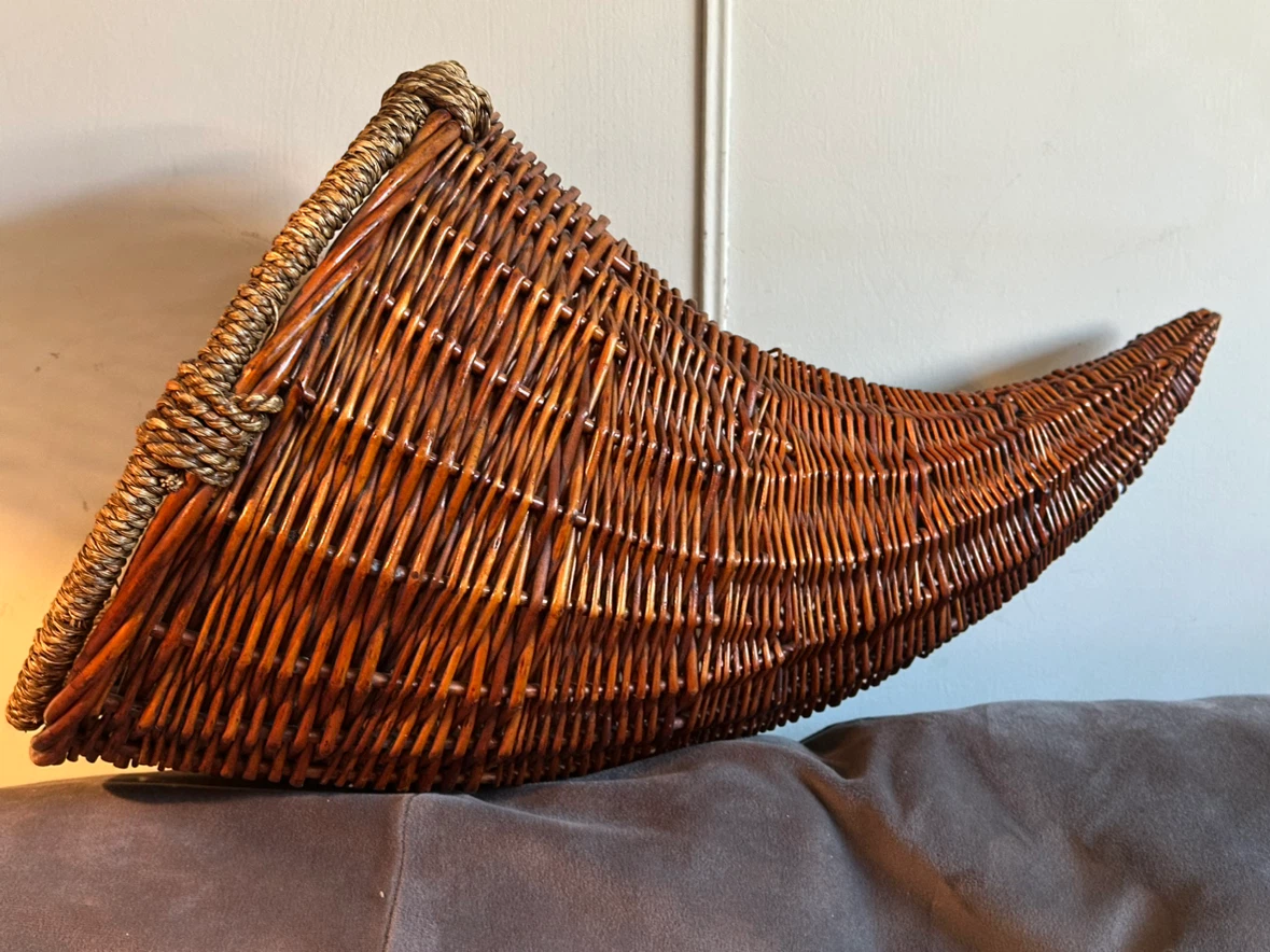 Large vintage woven wicker cornucopia basket