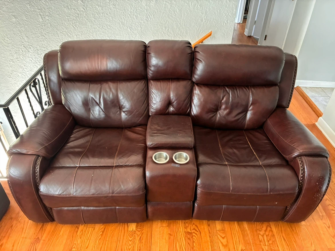 Brown Leather Reclining Sofa with Cup Holders