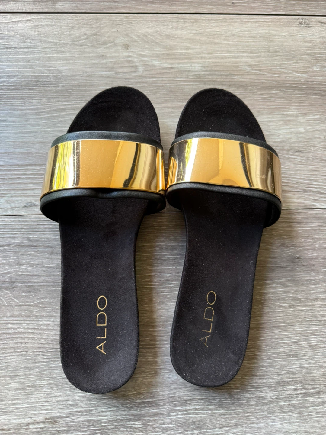 ALDO Women's Black Slides with Gold Straps