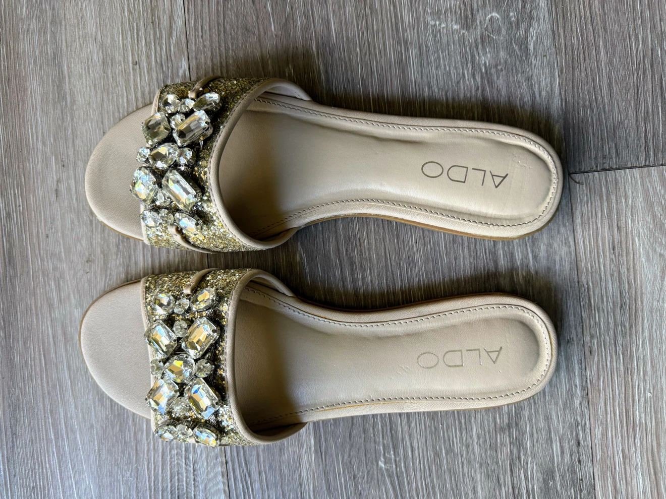 ALDO Embellished Slide Sandals Gold Glitter Size 8