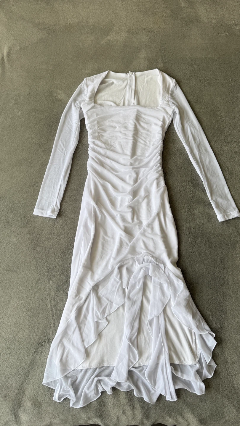 Women's  White Long Sleeve Ruffle Midi Dress - Size XS
